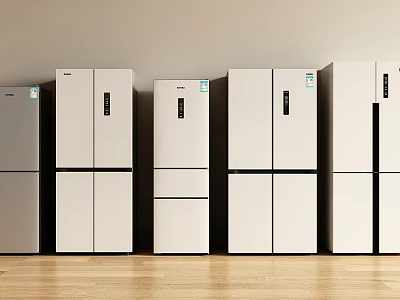 Different Styles Silver and White Refrigerators and Freezers Arranged on Wooden Floor with Light-Colored Wall 3d model