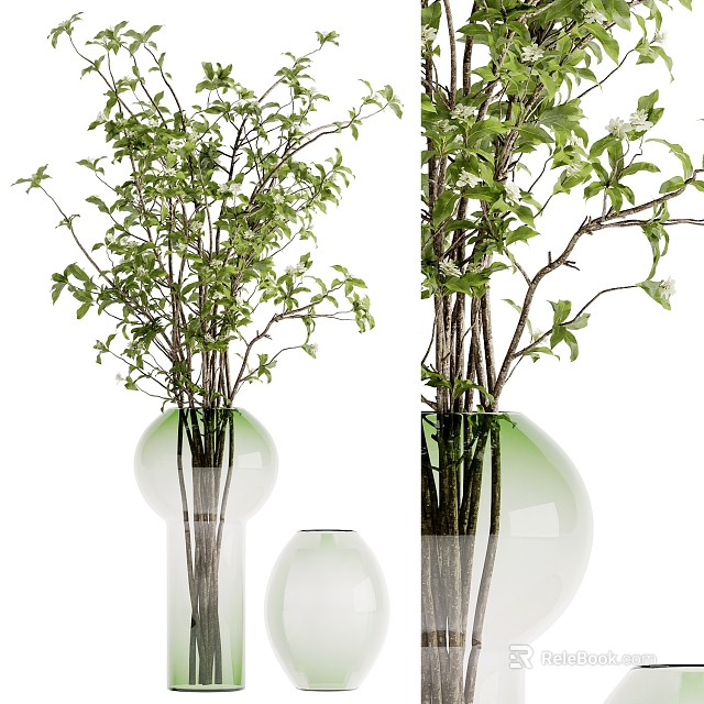 Transparent Glass Vases With Green Foliage And White Small Flowers In Different Sizes 3d model 