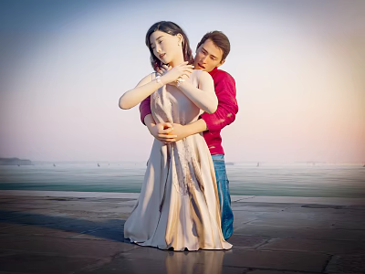 Couple Sharing A Romantic Embrace By The Seaside At Sunset 3d model