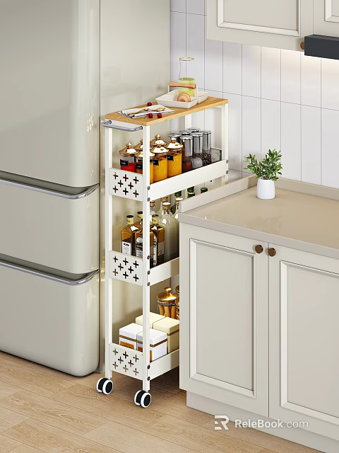 White Kitchen Cabinets With Multi Layered Shelf Holding Spice Jars And Countertop Plant 3d model 