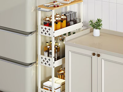White Kitchen Cabinets With Multi Layered Shelf Holding Spice Jars And Countertop Plant 3d model