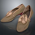 Artistic Sculpture Carving Details On Beige Fabric Shoes With Decorative Design