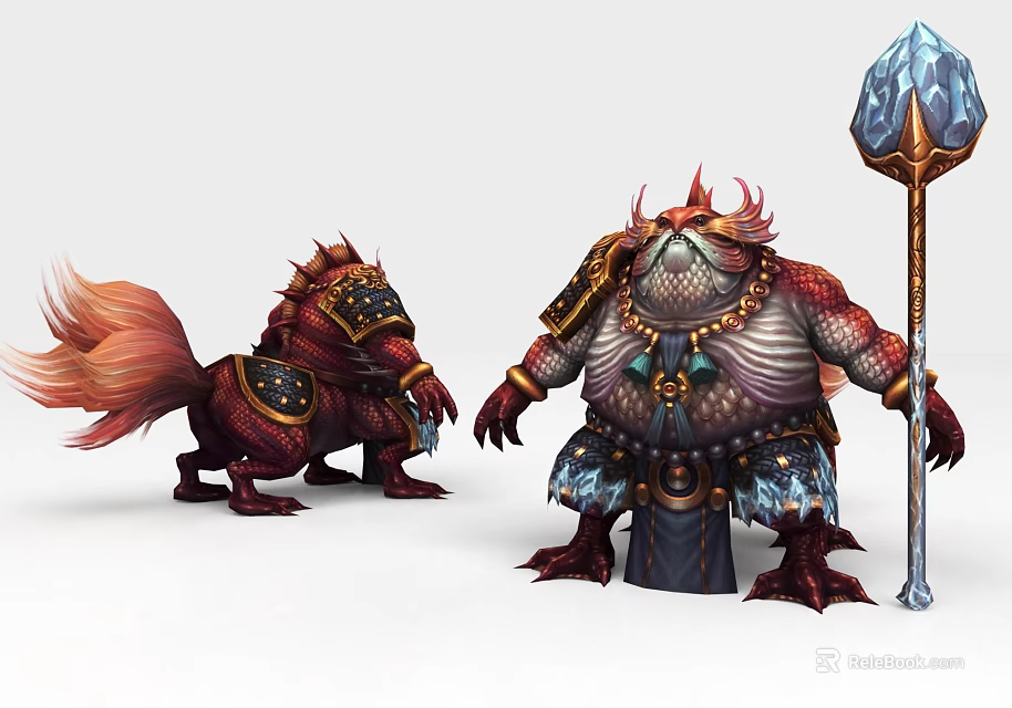 Mythical Creature Game Characters Armored Red Haired Beast And Toad Warrior With Crystal Staff 3d model 