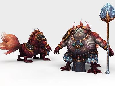 Mythical Creature Game Characters Armored Red Haired Beast And Toad Warrior With Crystal Staff 3d model