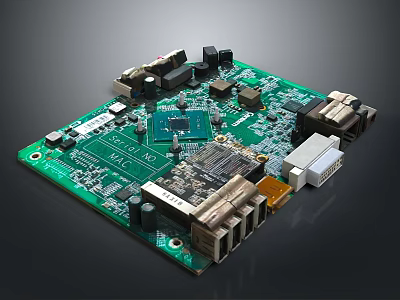 Computer Circuit Board With Main Integrated Chip And Various Ports Components 3d model