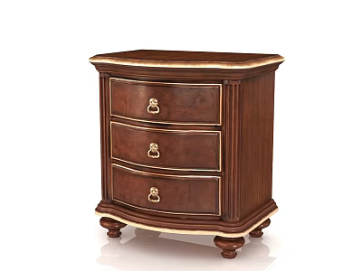 Classic Wooden Bedside Table with Three Drawers Metal Handles and Carved Legs 3d model