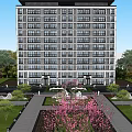 Modern High-Rise Residential Building With Central Water Pool And Landscaped Garden