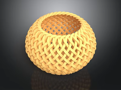 Woven Yellow Round Basket With Intricate Textured Design And Smooth Surface 3d model