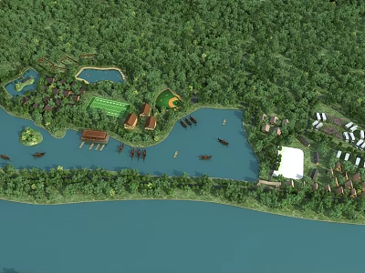 Scenic Aerial Planning Featuring River Green Spaces Buildings Sports Field and Boats 3d model