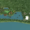 Scenic Aerial Planning Featuring River Green Spaces Buildings Sports Field and Boats