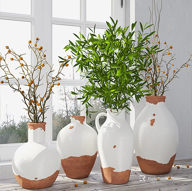 White Vases With Terracotta Base Holding Green Leaves And Orange Berries Near Bright Window 3d model 