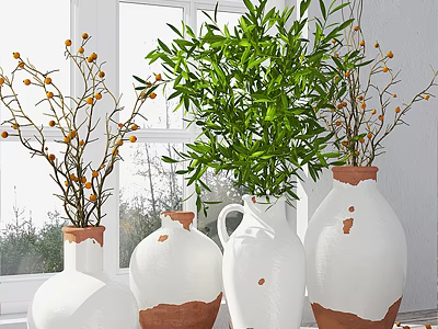 White Vases With Terracotta Base Holding Green Leaves And Orange Berries Near Bright Window 3d model