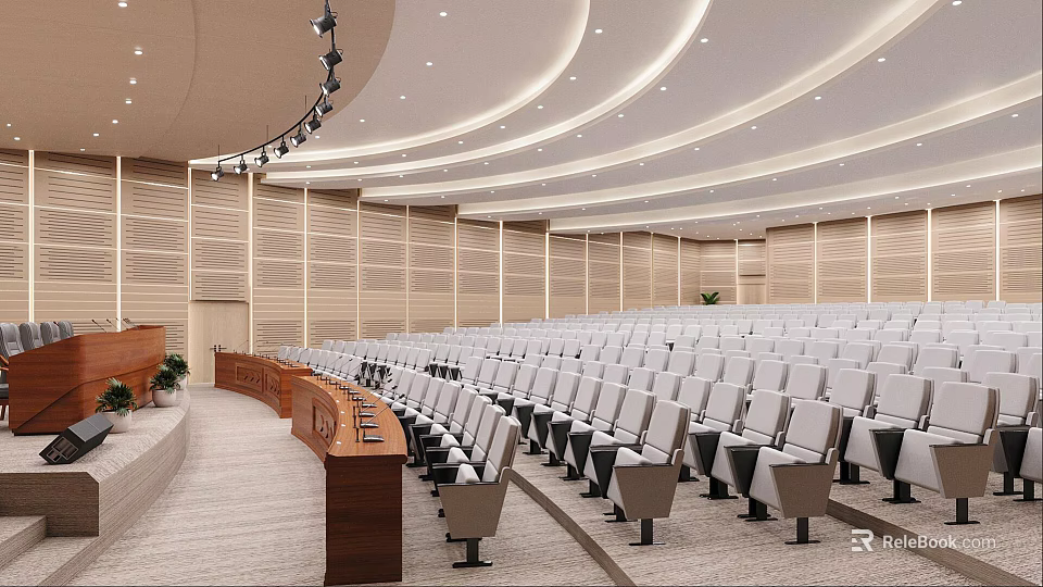 Spacious Modern Conference Room With Neatly Arranged White Seats Wooden Podium And Ceiling Lights 3d model 