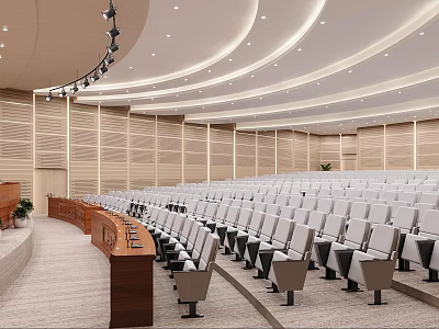 Spacious Modern Conference Room With Neatly Arranged White Seats Wooden Podium And Ceiling Lights 3d model