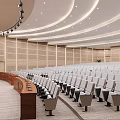 Spacious Modern Conference Room With Neatly Arranged White Seats Wooden Podium And Ceiling Lights