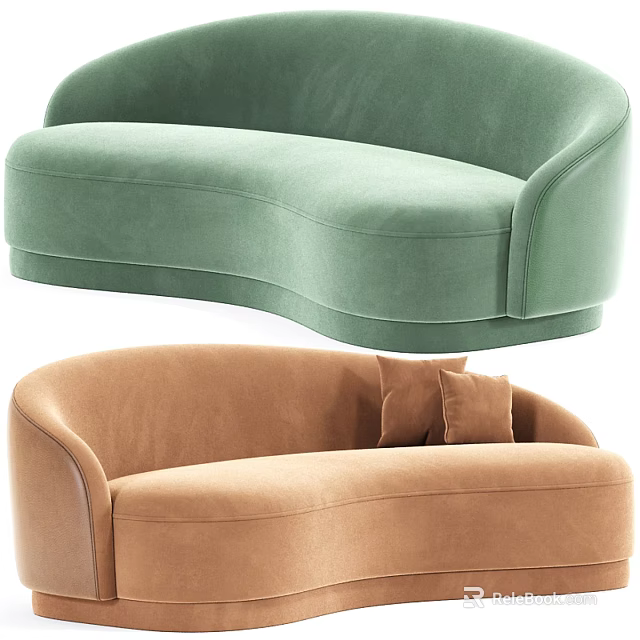 Green And Brown Velvet Sectional Sofas With Curved Design And Soft Cushions 3d model 
