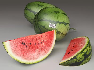 Fresh Watermelon With Green Striped Rind Red Flesh And Black Seeds Whole And Sliced 3d model