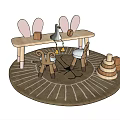 Kids Table with Bunny Ears Matching Chairs and Wooden Building Blocks on Round Sun Rug