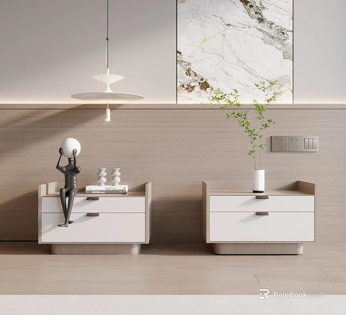 Modern Bedside Tables White Wood With Sculpture Books Lamp Vase Green Plant And Wall Art 3d model 