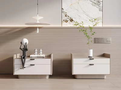 Modern Bedside Tables White Wood With Sculpture Books Lamp Vase Green Plant And Wall Art 3d model
