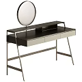 Modern Black Dressing Table With Round Mirror Drawers And Metal Frame Design