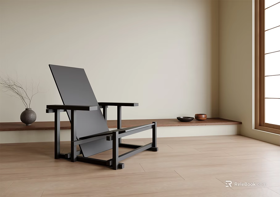 Modern Black Leisure Chair In Minimalist Room With Wooden Floor And Window 3d model 