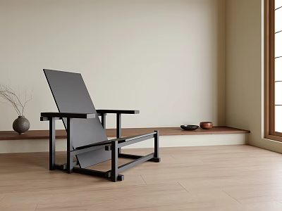 Modern Black Leisure Chair In Minimalist Room With Wooden Floor And Window 3d model