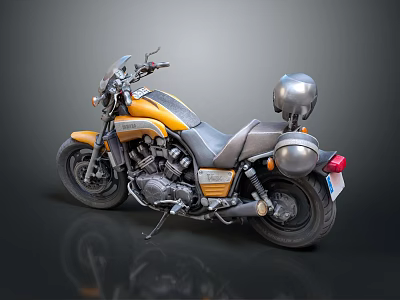 Classic Yellow and Black Cruiser Motorcycle with Chrome Saddlebags Rear Trunk and Retro Design 3d model