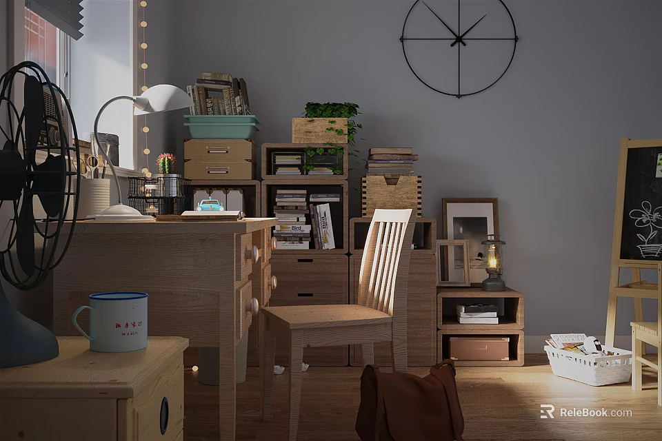 Cozy Wooden Desk Setup With Bookshelf Table Lamp Storage Boxes Potted Plant And Chair 3d model 