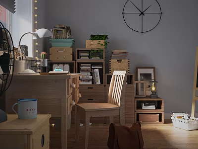 Cozy Wooden Desk Setup With Bookshelf Table Lamp Storage Boxes Potted Plant And Chair 3d model