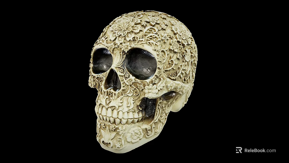 Man Displaying Intricate Patterned Decorative Skull Against Black Background 3d model