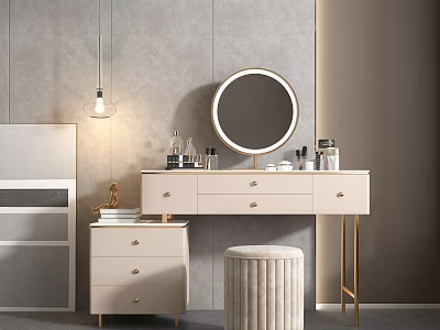 Modern Dressing Table with Round Mirror Drawers Gold Accents Cosmetic Bottles Stool and Hanging Lamp 3d model