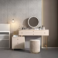 Modern Dressing Table with Round Mirror Drawers Gold Accents Cosmetic Bottles Stool and Hanging Lamp