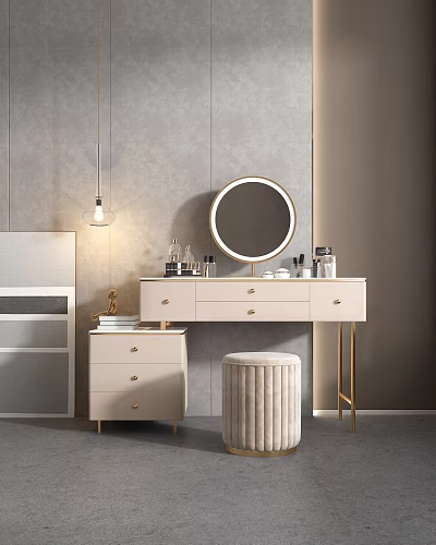 Modern Dressing Table with Round Mirror Drawers Gold Accents Cosmetic Bottles Stool and Hanging Lamp 3d model