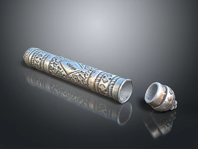 Ornate Silver Carved Decorative Tube With Intricate Patterns And Lid 3d model