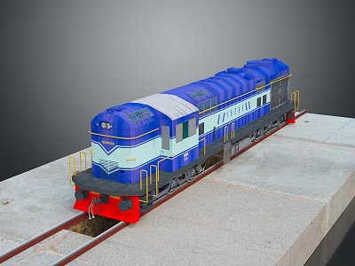 Blue Vintage Model Train Display on Gray Platform With Railway Track 3d model