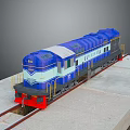 Blue Vintage Model Train Display on Gray Platform With Railway Track
