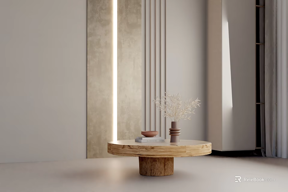 Round Wooden Coffee Table With Dried Flowers Vase And Modern Living Room Decor 3d model 