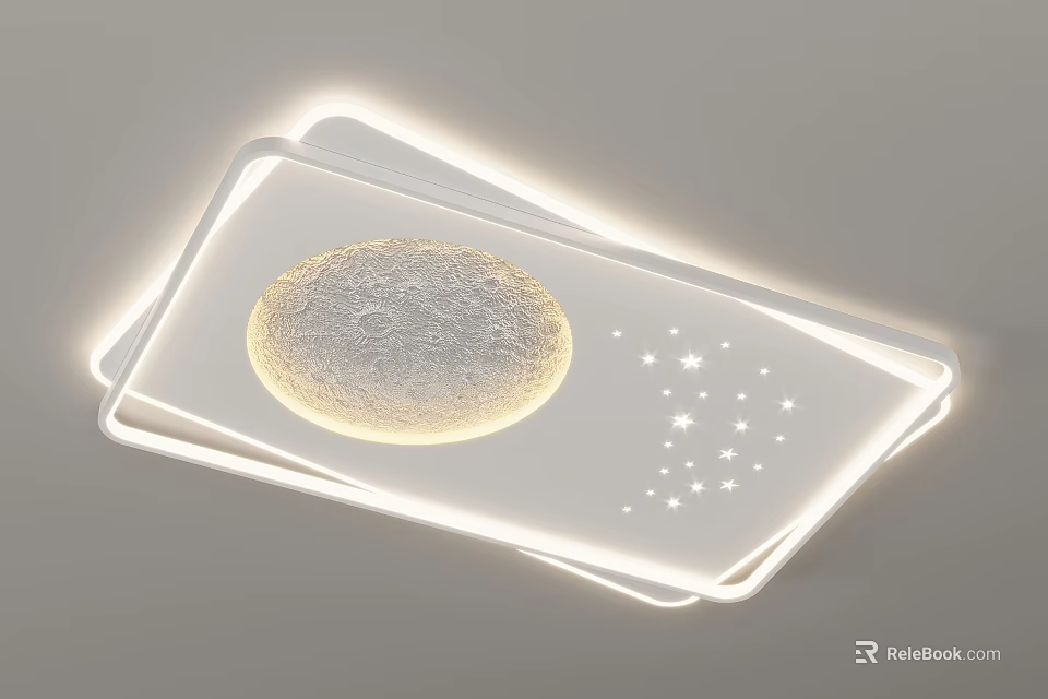 Modern White Rectangular Ceiling Light With Illuminated Moon And Stars Design 3d model 