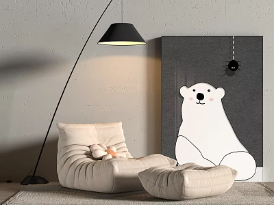Beige Bean Bag Chair With Ottoman Small Stuffed Toy Polar Bear Painting And Floor Lamp 3d model