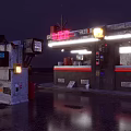 Vintage Diner Street Scene With Neon Lights And Outdoor Seating At Night