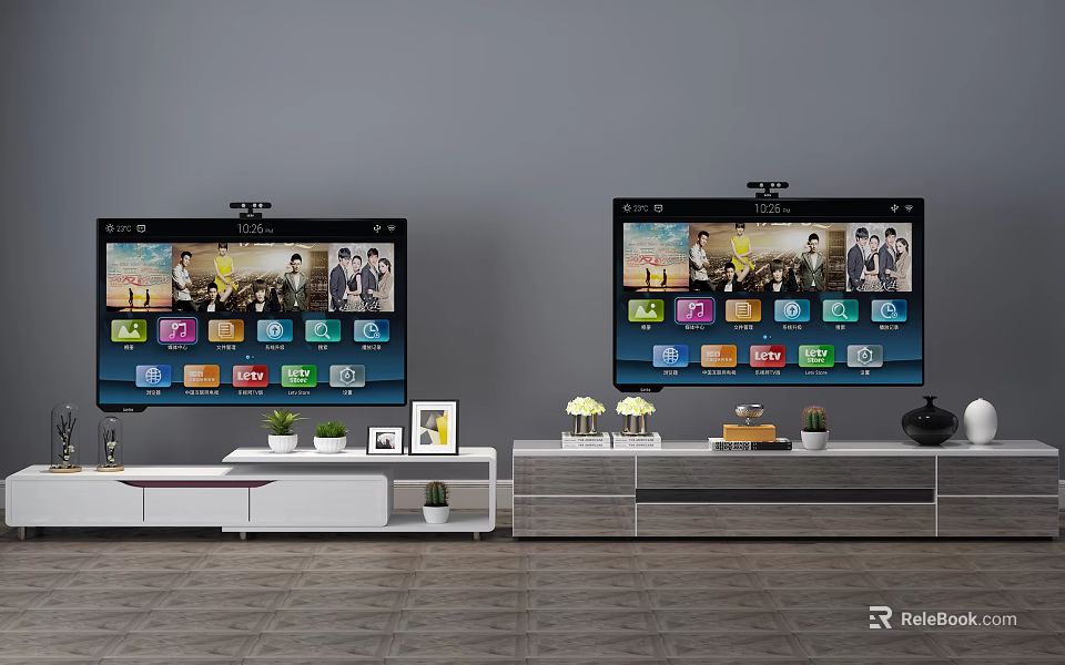 Modern TV Stand with TV Plants Photo Frame Vase and Decorative Items in Living Room 3d model 