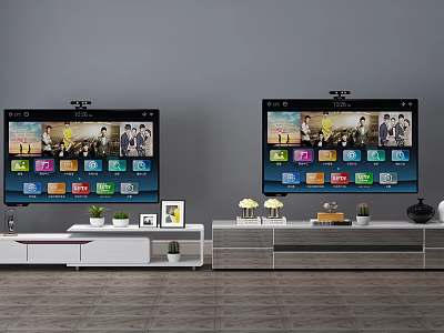Modern TV Stand with TV Plants Photo Frame Vase and Decorative Items in Living Room 3d model