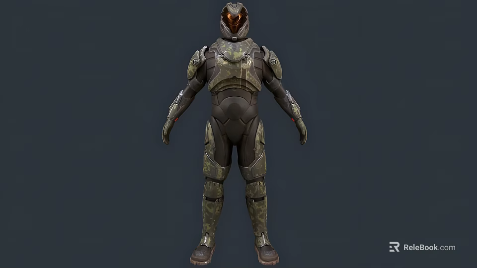 Sci Fi Warrior Character And Creature In Green Camouflage Armor With Detailed Helmet Design 3d model 