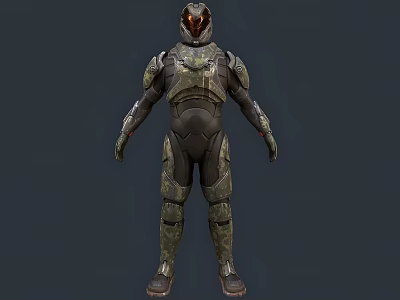 Sci Fi Warrior Character And Creature In Green Camouflage Armor With Detailed Helmet Design 3d model