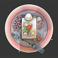 Adorable Rabbit Shaped Swiss Roll Cake with Carrot Decoration and Flower on Plate 3d model