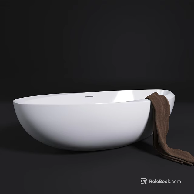 Modern Freestanding White Oval Bathtub With Brown Towel On Dark Background 3d model 