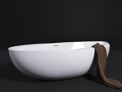 Modern Freestanding White Oval Bathtub With Brown Towel On Dark Background 3d model