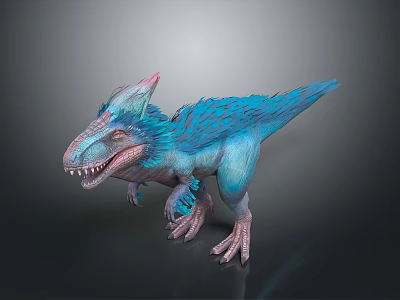 3D Rendered Feathered Dinosaur Model With Blue Pink Color And Sharp Teeth Standing Pose 3d model
