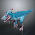 3D Rendered Feathered Dinosaur Model With Blue Pink Color And Sharp Teeth Standing Pose